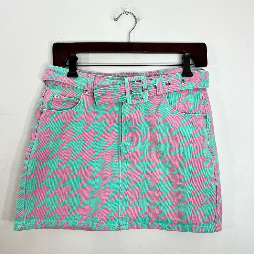 Signature 8 aqua pink houndstooth check belted denim mini skirt M - Picture 2 of 11